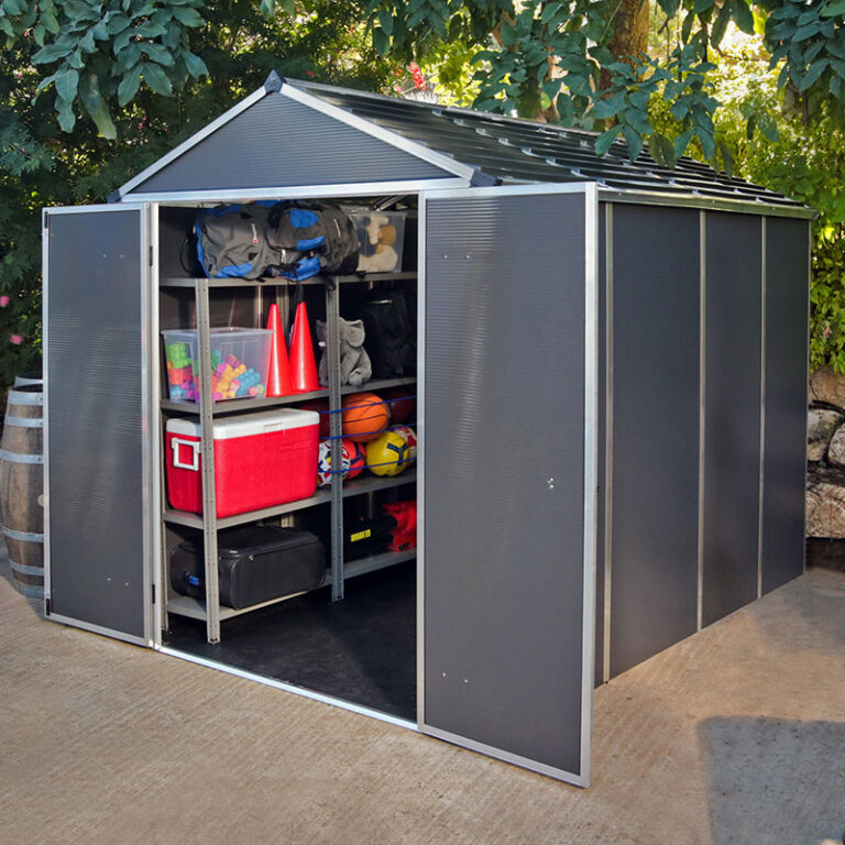 6'x10' Palram Canopia Rubicon dark grey plastic shed with double doors for durable outdoor storage.