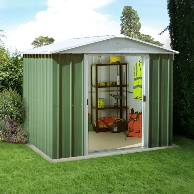 Alt text: 8' x 7' Yardmaster Green 87GEYZ Metal Shed for outdoor storage