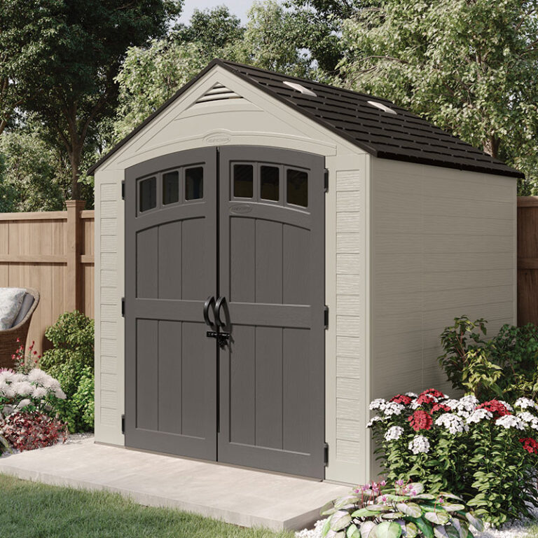 7' x 7' Suncast Cloverdale plastic garden shed for outdoor storage and organization.