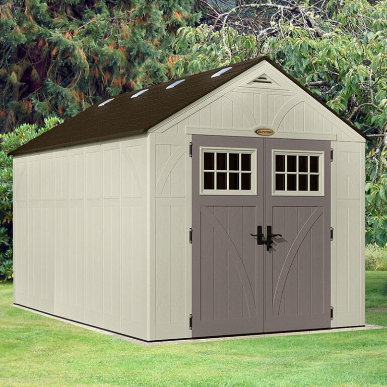 Alt text: Suncast New Tremont 8'x13' garden storage shed with two apex roof