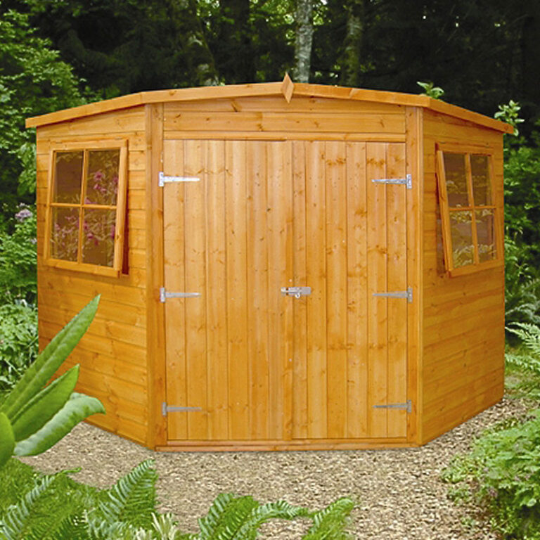 7'5 x 7'5 Shire Shiplap Wooden Corner Garden Shed for outdoor storage and gardening needs.