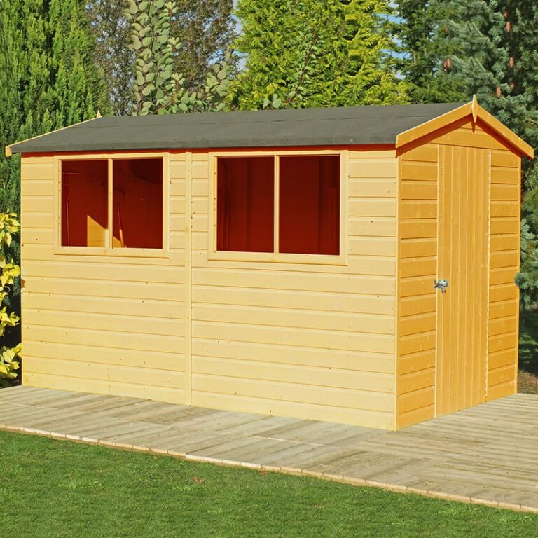 6' x 10' Shire Lewis Premium Apex Wooden Garden Shed with stylish design and durable construction for outdoor storage.