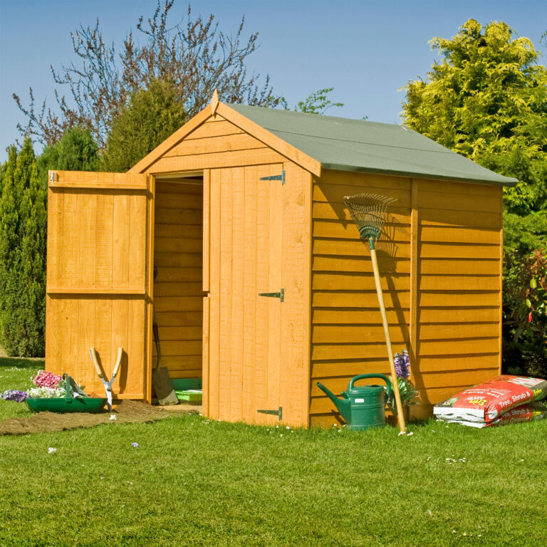 6x6 Shire Overlap Double Door Wooden Garden Shed with spacious design for outdoor storage and gardening tools.