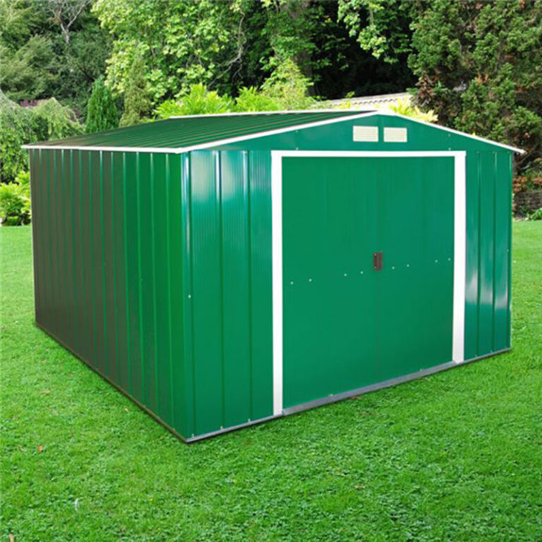 10' x 10' Sapphire Apex Green Metal Shed for outdoor storage and organization.