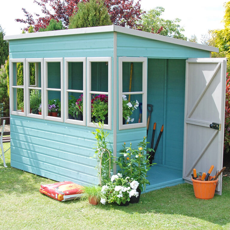 Alt text: 8' x 8' Shire Sun Pent Wooden Garden Potting Shed with windows and a sloped roof for efficient gardening.