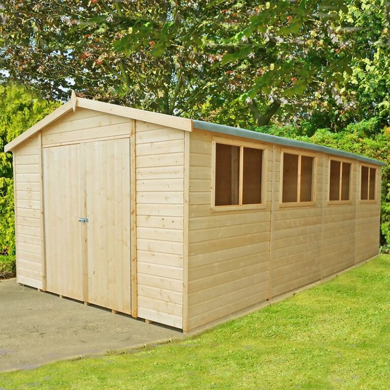 10' x 20' Shire Workspace Premium double door wooden garden shed for outdoor storage and workspace solutions.