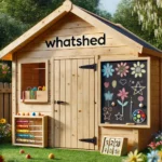 A playhouse with an attached chalkboard or activity wall, branded with WhatShed. The playhouse is made of wood, situated in a garden. The chalkboard i