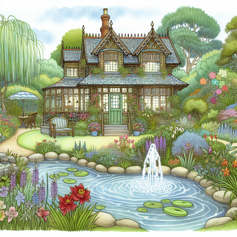Summer house with integrated natural water features such as a pond and a waterfall