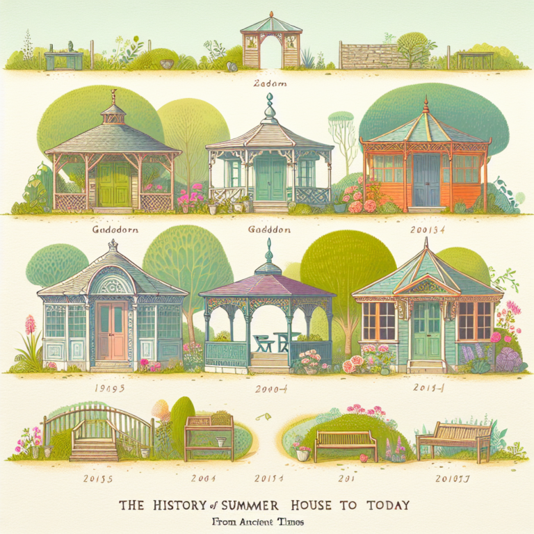 Ancient to modern summer houses illustration showcasing the evolution of architecture.