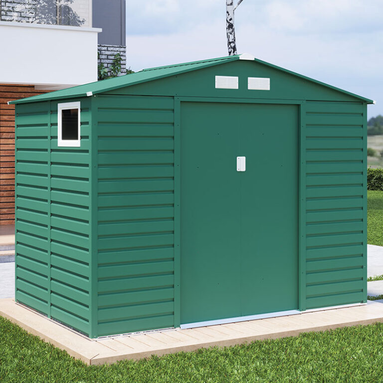 9' x 7' Lotus Hypnos Apex Metal Shed Green with sliding doors.