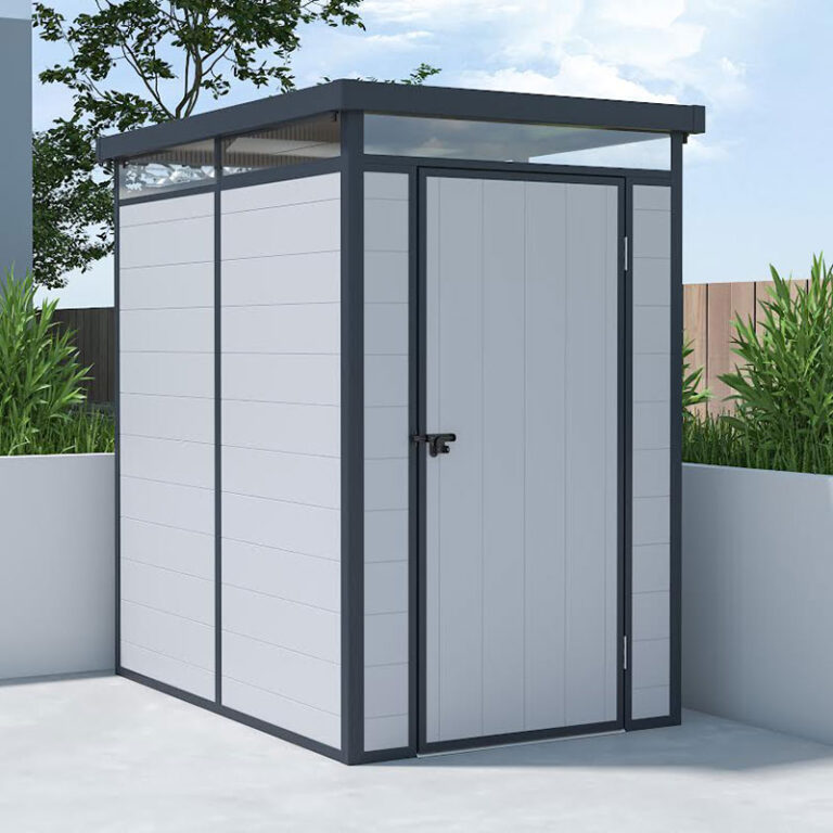 4' x 6' Lotus Curo Grey Plastic Shed with pent roof design.