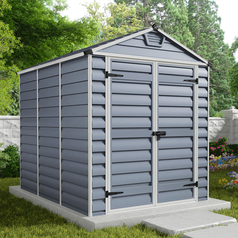 6' x 8' Palram Canopia Grey Skylight Plastic Shed with double doors and skylight roofing.