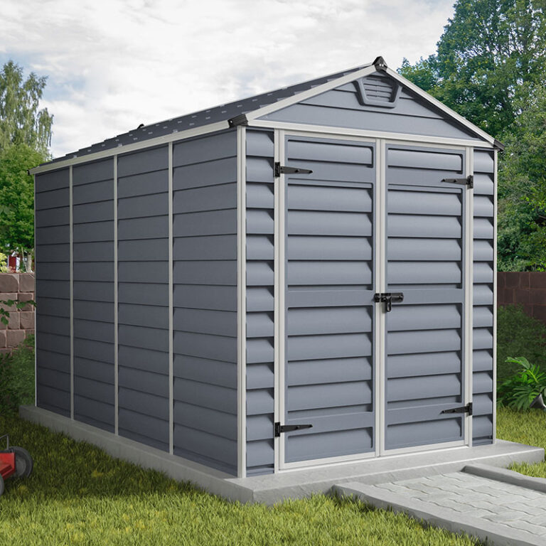 Palram Canopia Grey Skylight Plastic Shed in a garden setting.