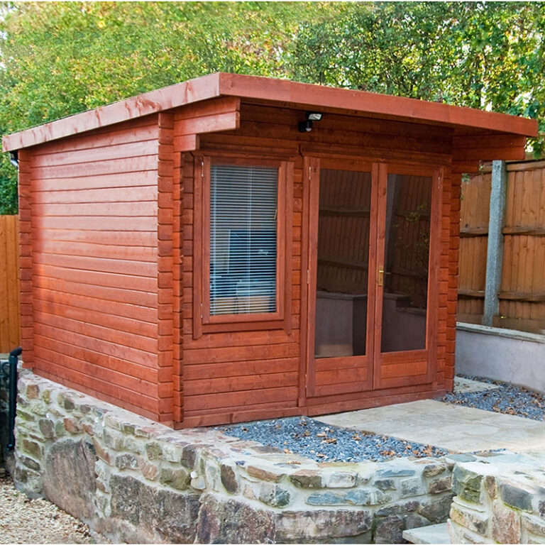 Shire Belgravia 3m x 3m Log Cabin with toughened glass windows and pent roof.