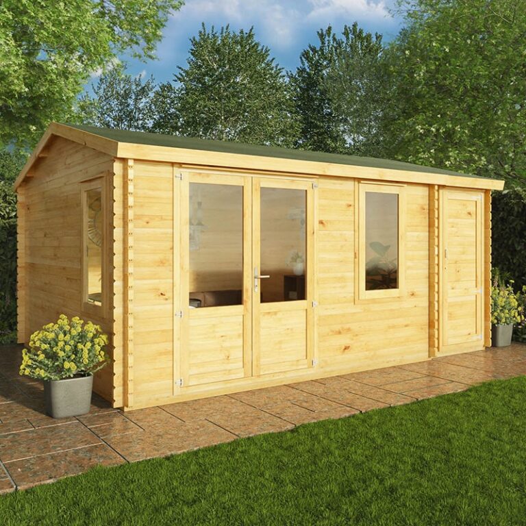 Mercia 17' x 13' Wooden Shed with 2 windows featuring interlocking log cladding.