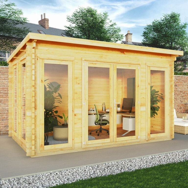 Mercia Studio 4m x 3m Double Glazed Pent Log Cabin with double doors.