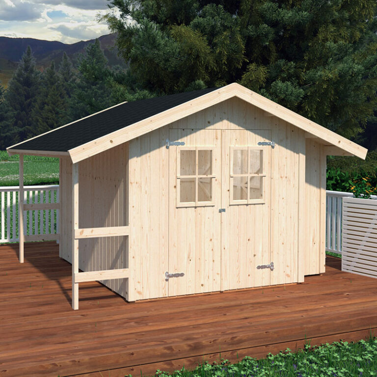 Apex shed featuring interlocking log cladding and twin doors.