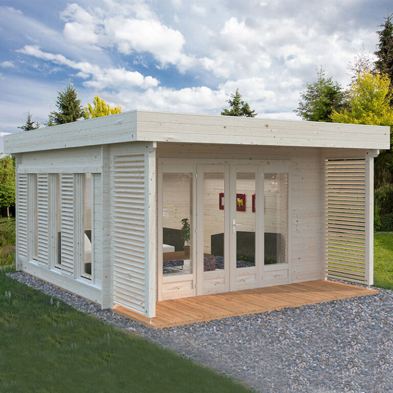 Palmako Caroline 4.3m x 5.4m Pent Log Cabin with a stylish pent roof and large windows.