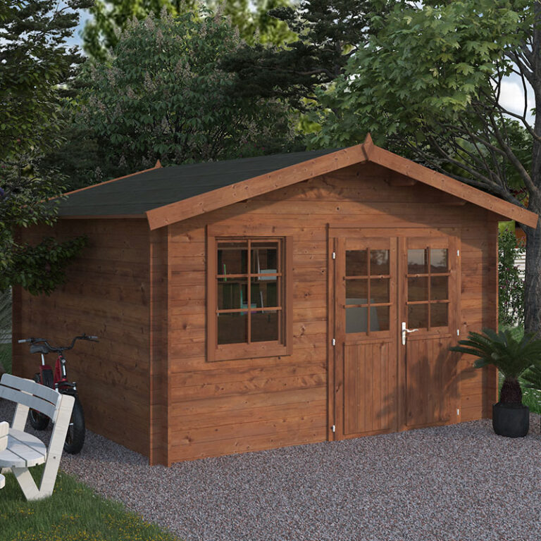 Palmako Valentine 3.6m x 3.2m Premium Log Cabin Shed with double doors and window.