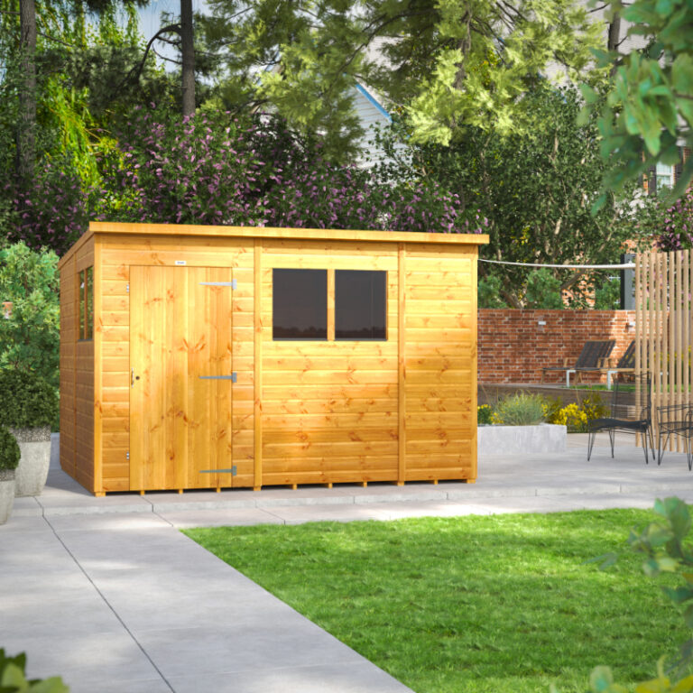 Oren 10' x 8' Shiplap Modular Custom Pent Shed with pent roof and toughened glass windows.