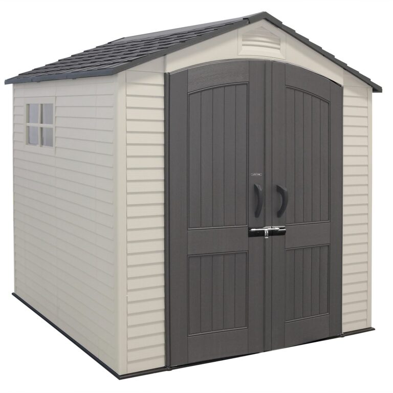 Lifetime Plastic Outdoor Storage Shed 7x7ft view highlighting its robust structure and features.