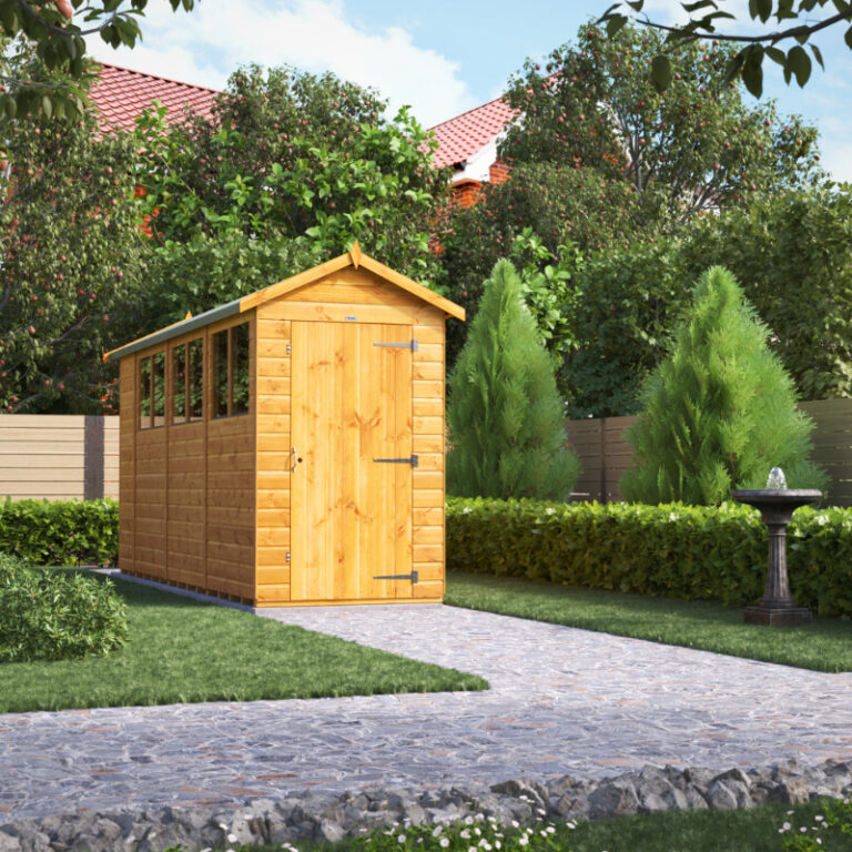 Oren 14' x 4' Shiplap Modular Custom Apex Shed featured in a garden setting.