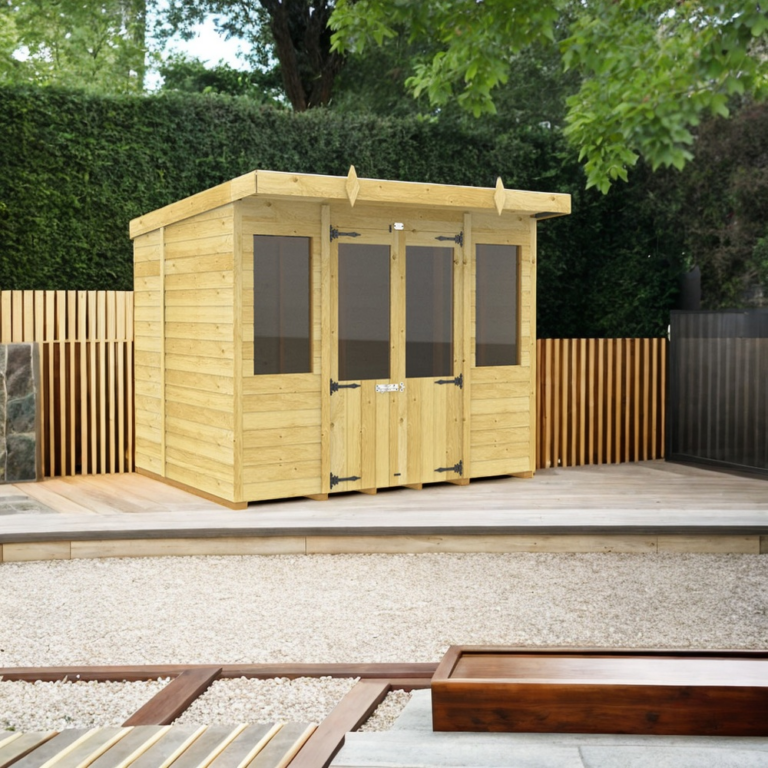 Holt 8' x 8' Alexander Pressure Treated Summer House overlooking a serene garden.