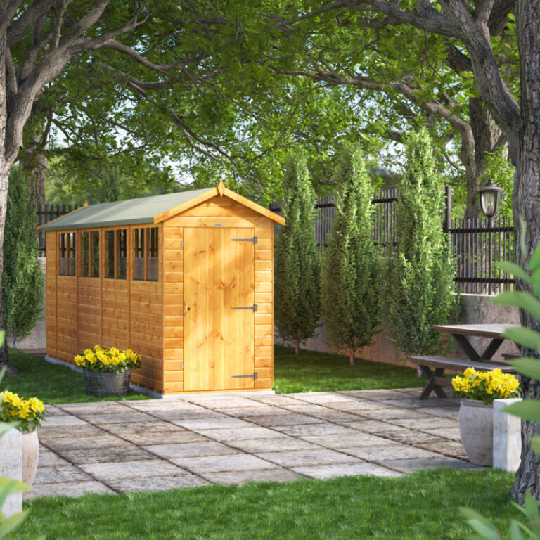 Oren 18' x 4' Shiplap Modular Custom Apex Shed in a garden setting.