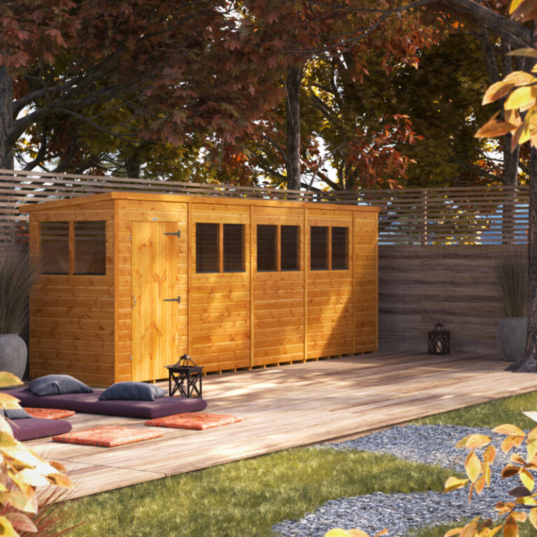 Oren 18' x 4' Shiplap Modular Custom Pent Shed with toughened glass windows.