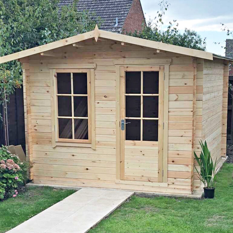 Loxley 3m x 2.4m Boston Log Cabin showcasing its elegant Georgian windows and double doors.