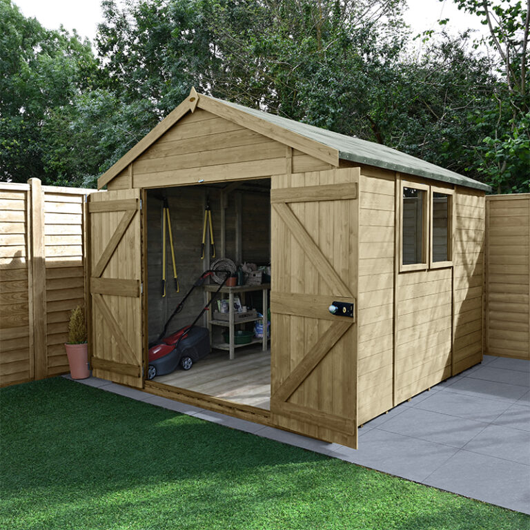 Forest Timberdale 10' x 8' Shed with toughened glass windows and double doors.