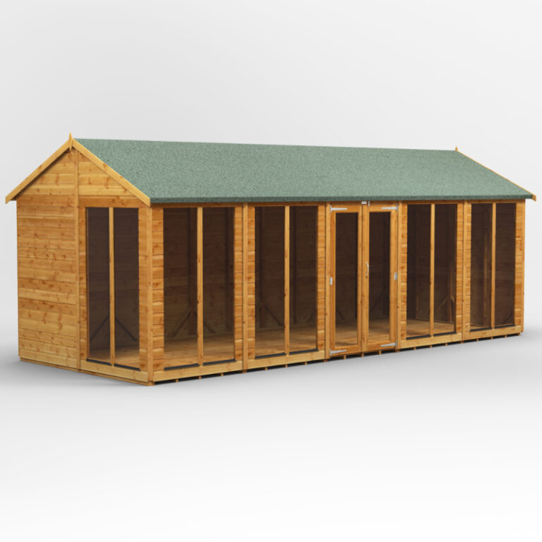 Oren 20' x 8' Shiplap Long-Room Summer House view in garden setting.