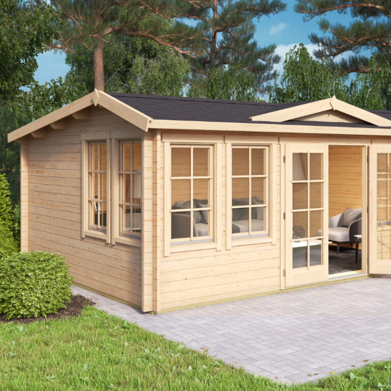 Beautifully crafted Greenway 4.21m x 5.7m Evenwood Log Cabin 44mm in garden setting.