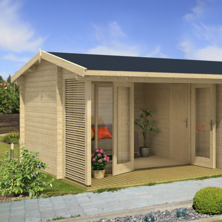 Greenway 4.3m x 6.15m Brompton Log Cabin with interlocking log design.