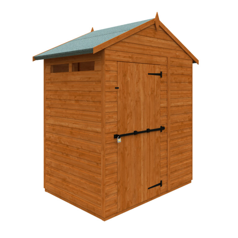 The Redlands 4' x 6' Shiplap Modular Apex Security Shed with toughened glass windows and a high-security locking door.