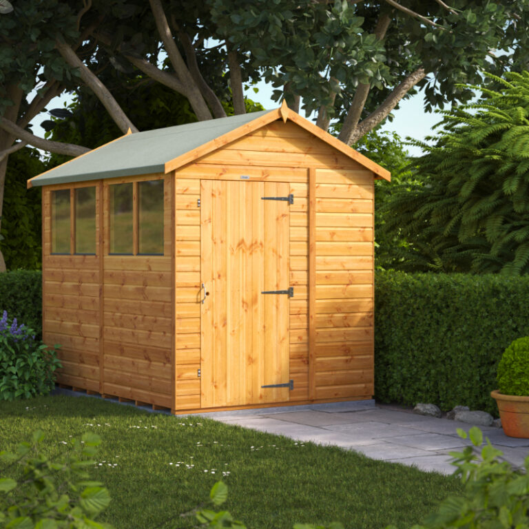 Oren 8' x 6' Shiplap Modular Custom Apex Shed with toughened safety glass windows.