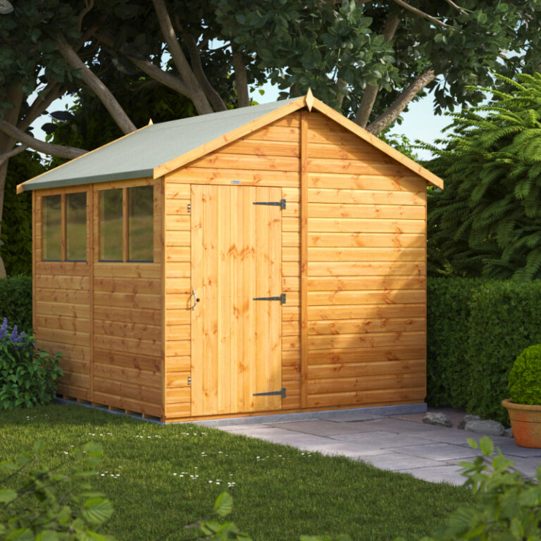 Oren 8' x 8' Shiplap Modular Custom Apex Shed view from the side showing its apex roof and toughened glass windows.