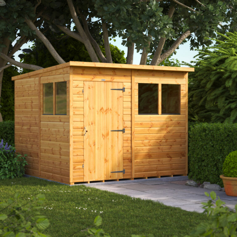 Oren 8' x 8' Shiplap Modular Custom Pent Shed featuring toughened safety glass and customizable layout.