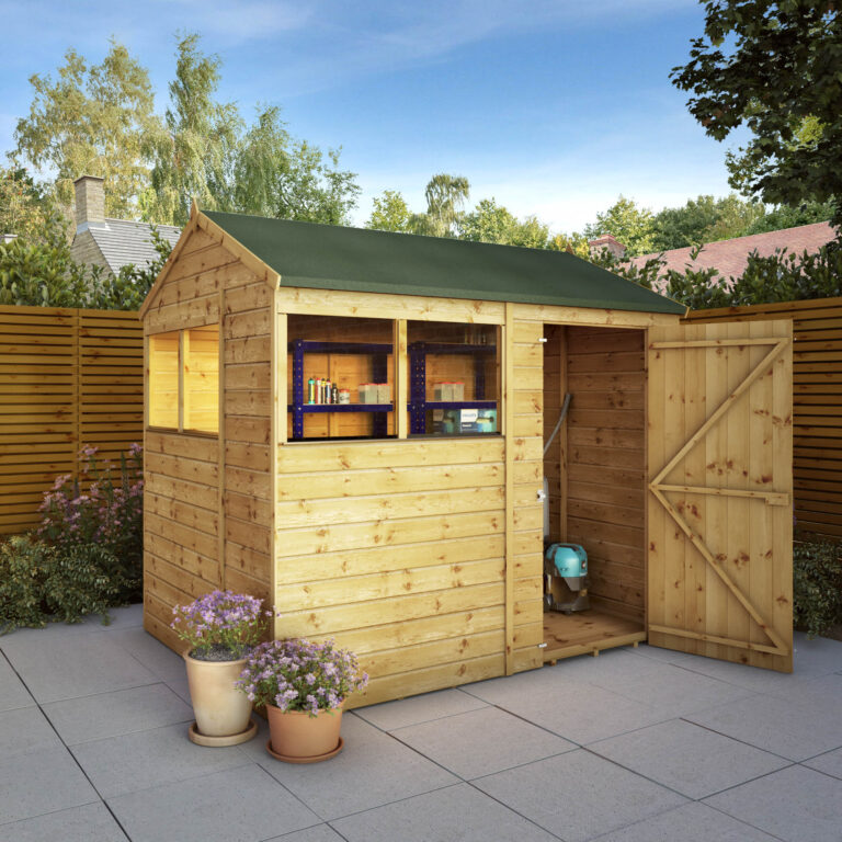 8 x 6 Shiplap Reverse Apex Wooden Shed in a garden setting.