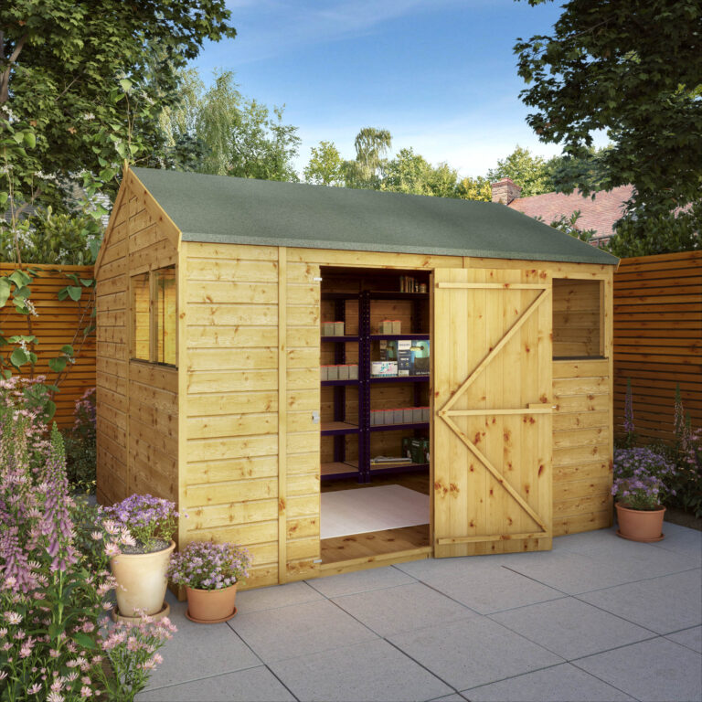 10 x 8 Shiplap Reverse Apex Wooden Shed with apex roof design.