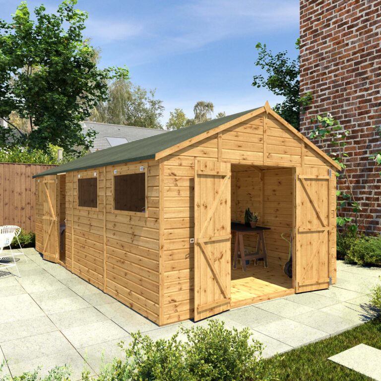 Waltons 20' x 11' Wooden Shed featuring shiplap tongue & groove cladding and an apex roof.