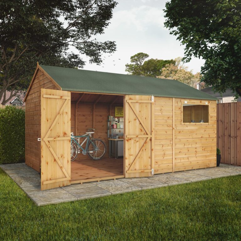 14 x 10 Premium Shiplap Reverse Apex Workshop with spacious interior and double doors.