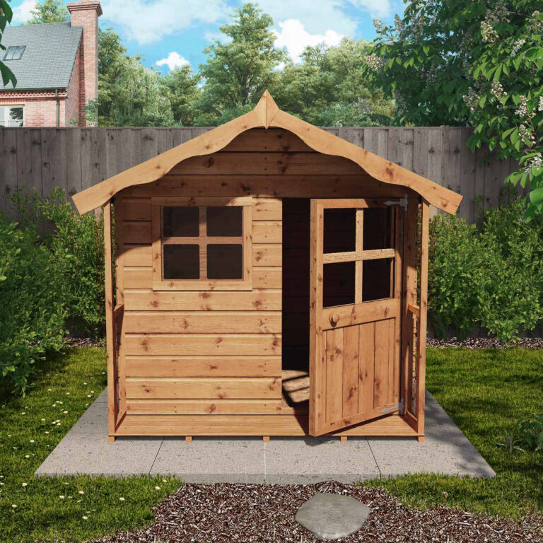 5 x 5 Poppy Wooden Playhouse with three Georgian-style windows and apex roofline.