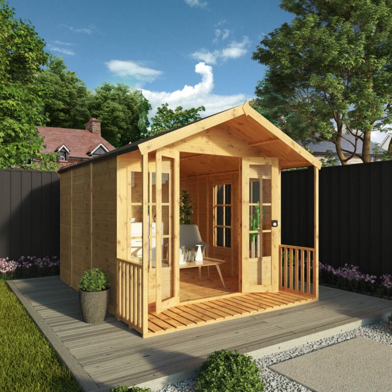 Stylish Wessex Summerhouse with double doors and vibrant flowers.