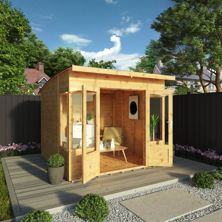 Stylish 8 x 8 Helios Summerhouse featuring a contemporary design with a curved roof