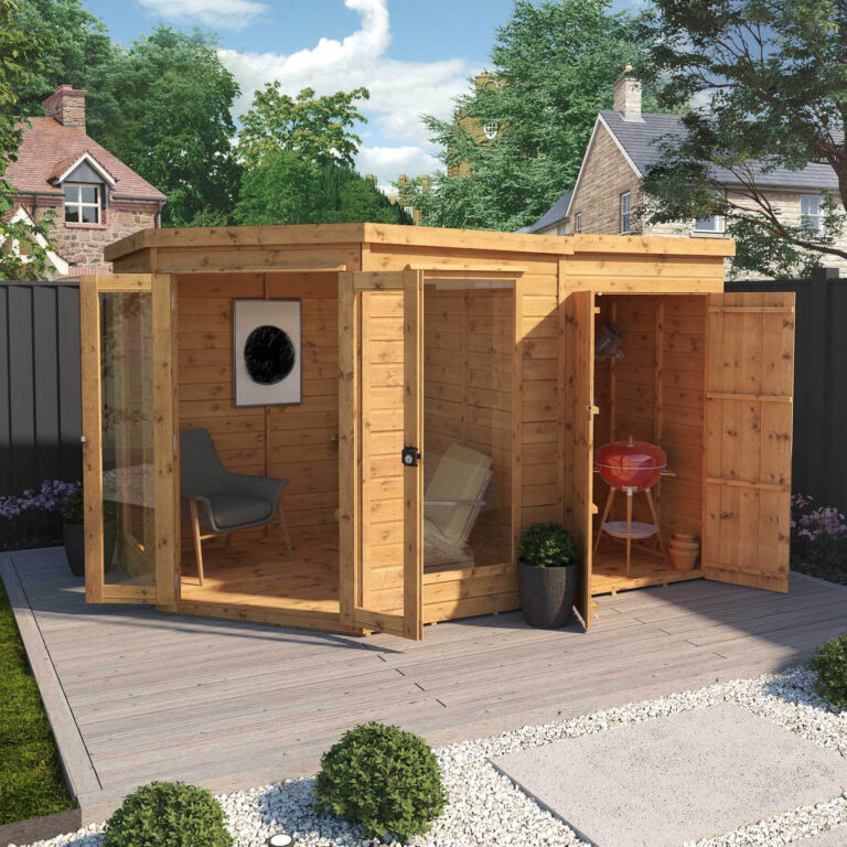 11 x 7 Premium Corner Summerhouse with Side Shed - A stylish outdoor retreat.