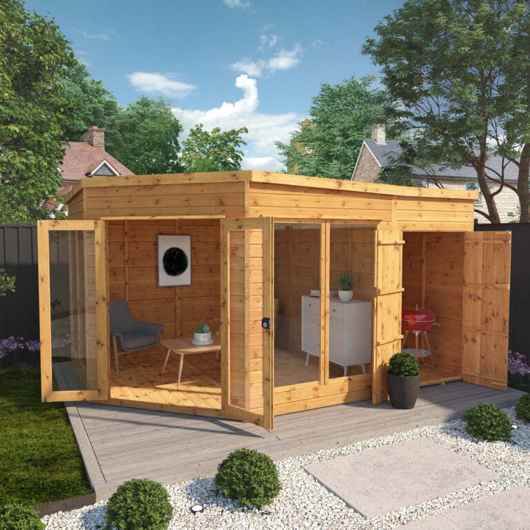 13 x 9 Premium Corner Summerhouse Side Shed showcasing its elegant design and sturdy construction.