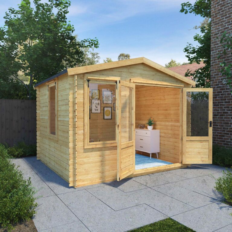 The 3.3m x 3m Value Apex Log Cabin showcasing its apex roof design and double doors.