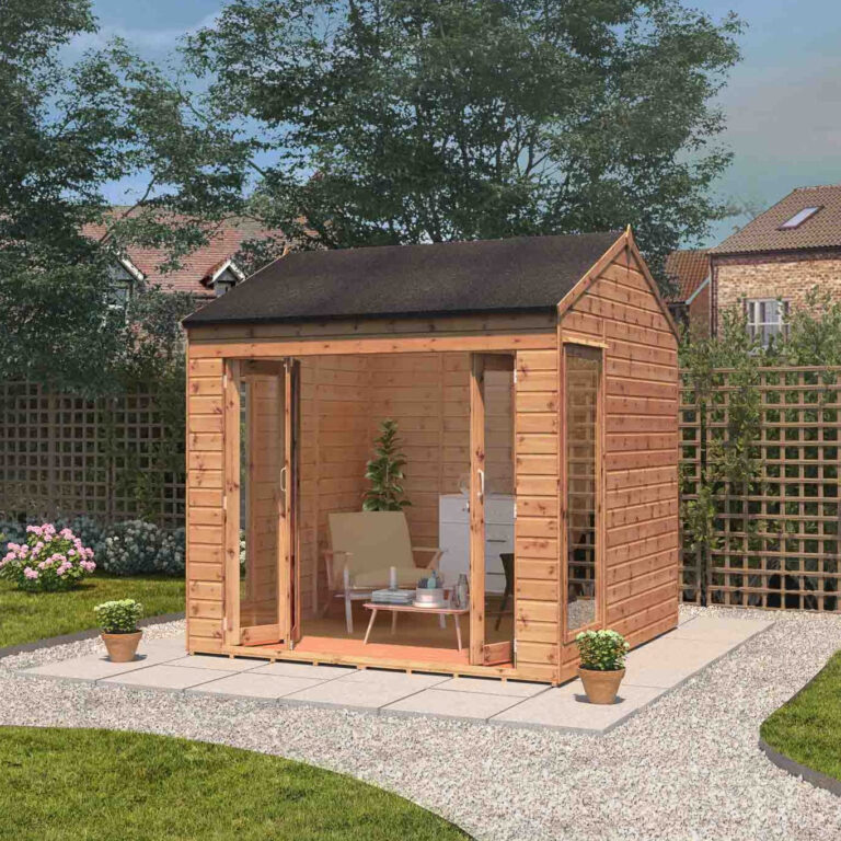 The 8 x 8 Vermont Wooden Summerhouse with bi-folding doors and clear windows