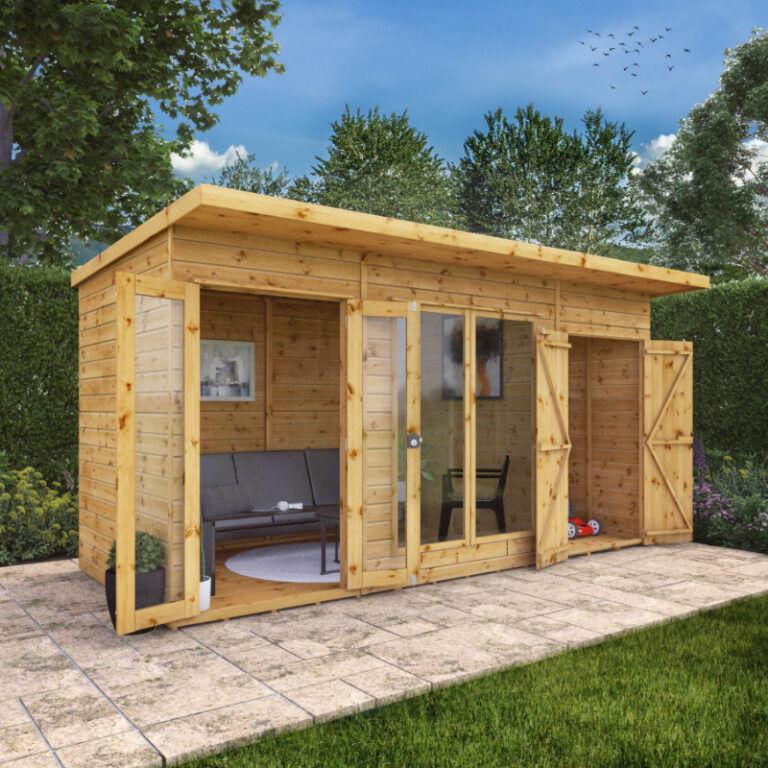 Adley 14' x 6' Honeybourne Summer House Plus Side Shed in a garden setting.